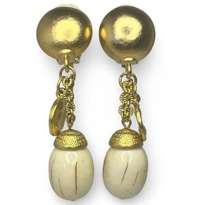 Vintage Gold and Cream with Roman Coin Dangle Clip On Earrings